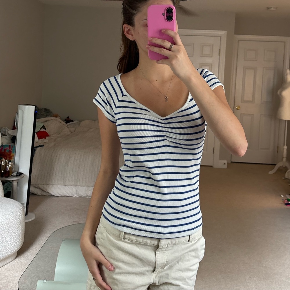 Old Navy blue and White Striped V-Neck Women's Top